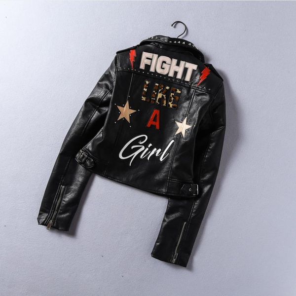 

2019 new fashion spring printed letters pu leather jacket women rivet beading locomotive short basic streetwear faux jacket fy24, Black