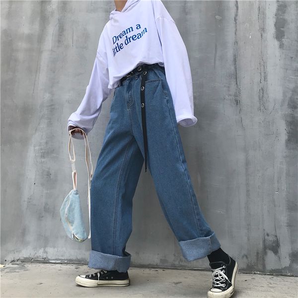 

streetwear korean ladies loose oversized plus size adjustable button high waist straight wide leg denim full pant jeans trouser, Blue