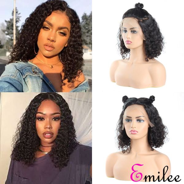 

emilee short bob wigs curly wave 180 density brazilian human remy hair curly wig pre plucked 12 inch, Black;brown