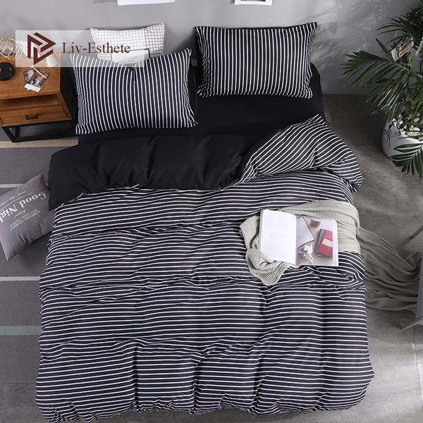 

liv-esthete 2019 new wholesale striped bedding set double  king bed linen soft duvet cover flat sheet pillowcase for adult