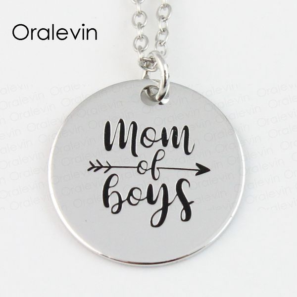 

wholesale mom of boys engraved disc pendant charms necklace mother son gift jewelry 18inch, 22 mm, 10pcs/lot,#ln148, Silver