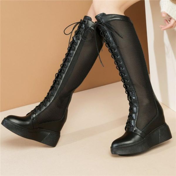 

women lace up cow leather platform wedges knee high boots summer pointed toe high heel fashion sneakers female breathable pumps, Black
