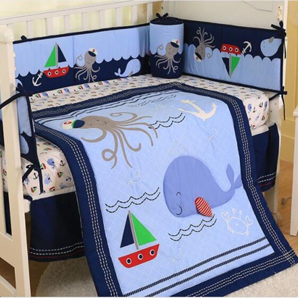 

new brand baby cuna quilt for boy crib bedding set happy ocean crib bumper set 7pcs baby quilt bumper skirt mattress cover