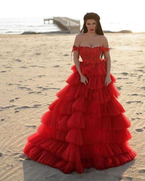 Red Tulle Prom Dresses com Off The Shoulder Beads Puffy Vestido robe de soiree desgaste Princesa Meninas Pageant Vestidos