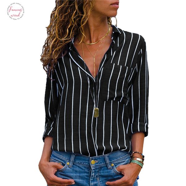 

2019 women and blouse casual 3 4 striped long sleeve chiffon blouse turn down office shirt for ladies plus size blusas, White