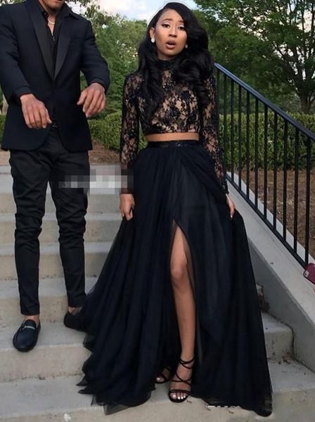 

african long sleeves lace mermaid two piece black prom dresses with lace long sleeve a-line tulle side split evening party gowns