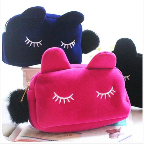 Cute Cat Cosmetic Bag Donna Necessaire compone il sacchetto di viaggio portatile di bellezza Pouch flanella kit da toilette per le donne Ragazze