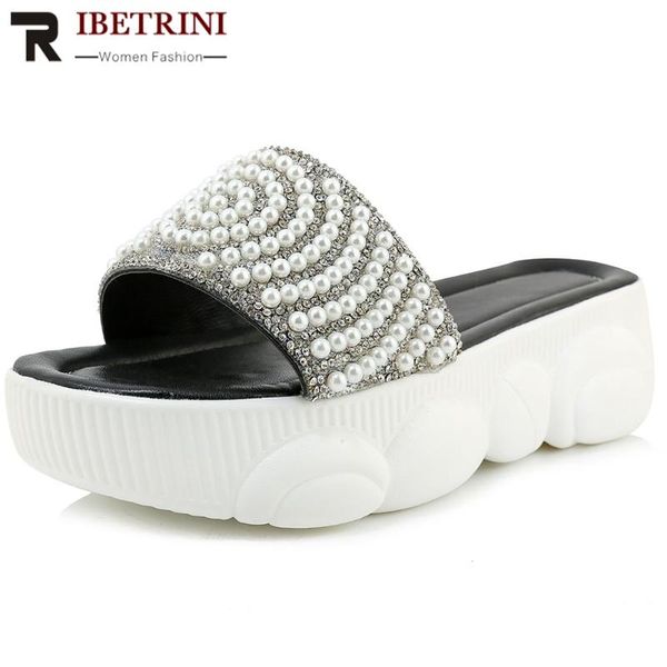 

ribetrini ins горячие женщины обувь женщины pearl платформа поскользнуться на клинья open toe блестящая сандалии повседневная daily тапочки, Black