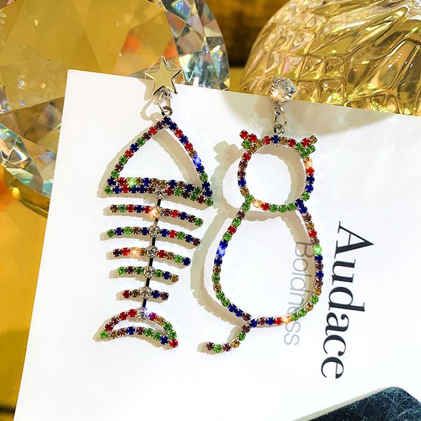 

creative fashion color inlaid rhinestone fish bone long section personality fish cat asymmetric earrings prom party gift, Golden;silver