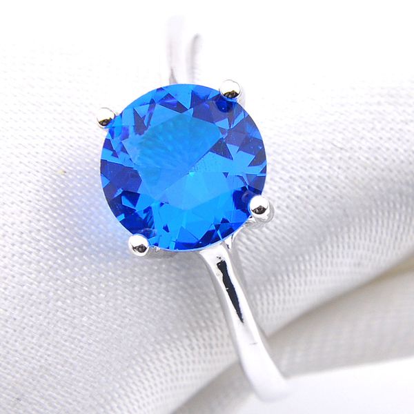 LuckyShine Clássico Mulheres Anéis Rodada Azul Topázio Cubic Zirconia Gems 925 Anel De Casamento De Prata jóias EUA Tamanho 7-9