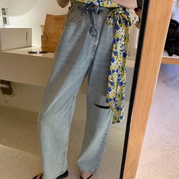 

women's jeans elegant high waisted with holes for women 2021 daddy's wide leg pants loose straight floor long, Blue