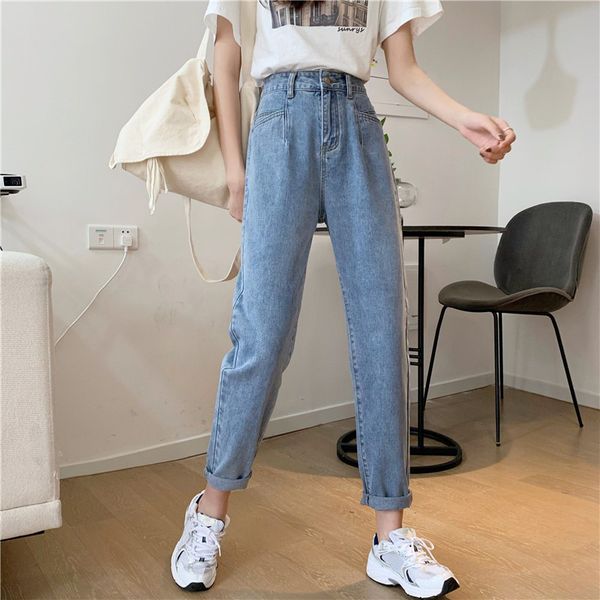 

whcw cgdsr denim pants women high waist streetwear 2020 autumn winter vintage korean style solid jeans woman denim trousers pant, Blue