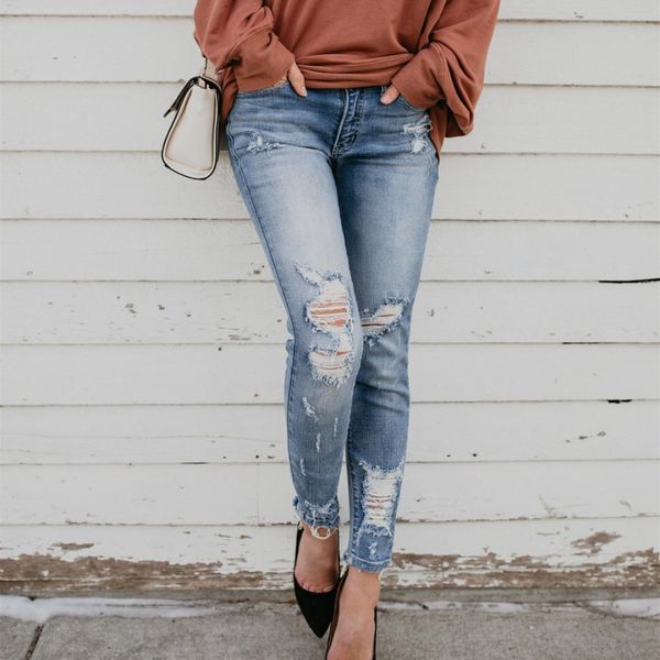 

2019 new high waist hole pencil jeans women fashion elastic pockets tassel denim pants female casual trousers, Blue