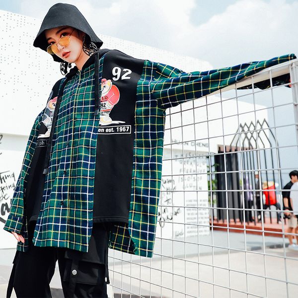 

plaid patchwork shirt women loose korean long casual fashion hooded shirt green oversized streetwear women's coat fashion 50cs, White