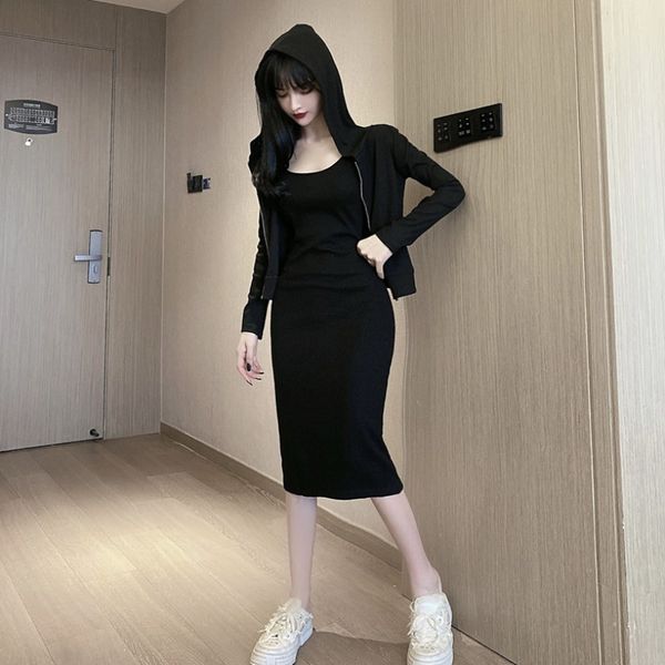 

suit womens 2020 early autumn new fashion korean-style hooded zip jacket sling midi dress two-piece set, White;black
