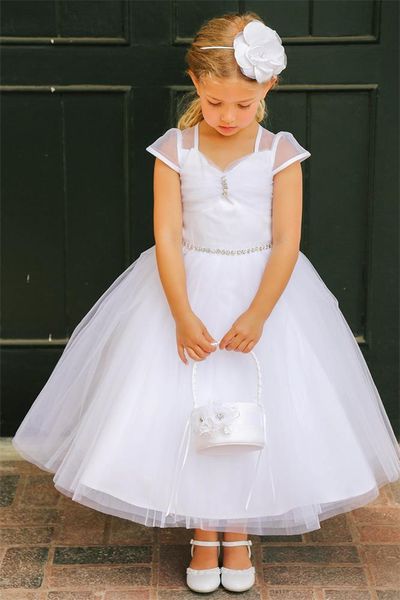 

princess ball gown little wedding dress white satin tulle sheer cap sleeves ankle length flower girl dress with crystal sash zipper bow back, White;blue