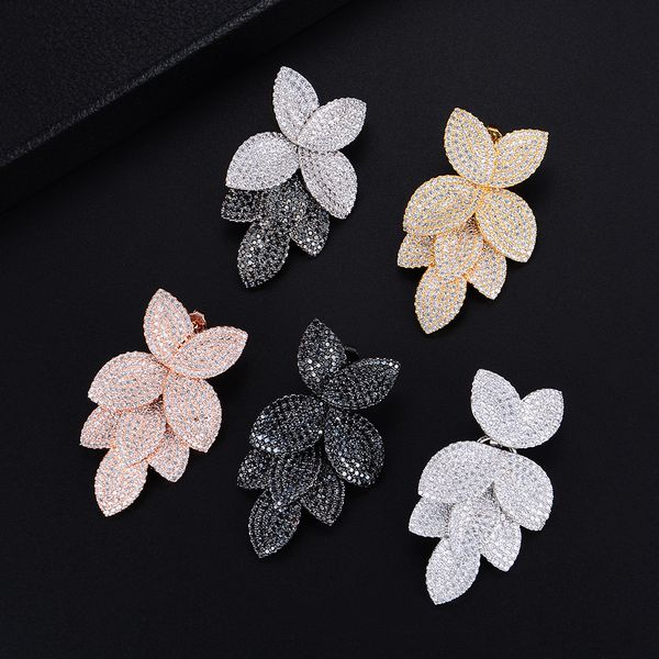 

larrauri luxury big leaf leaves layers cubic zirconia earring dubai wedding engagement dangle drop earrings for women jewelry, Silver