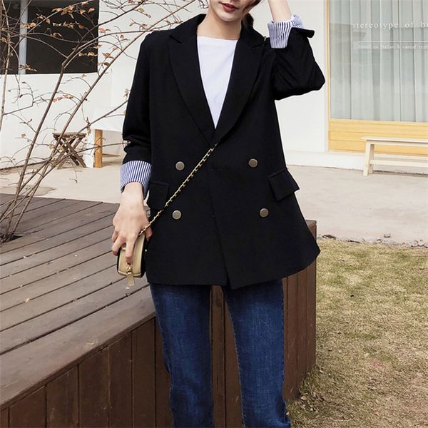 

mazefeng new 2020 spring autumn women's blazers casual pockets double breasted loose jackets striped notched wild size s-xl, White;black