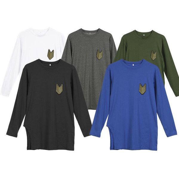 

fashion basic style men's long t-shirts slim fit cotton o-neck long sleeve muscle tee casual irregular split loose t-shirt, White;black