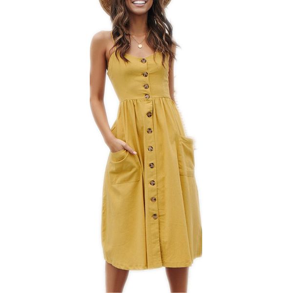 

Elegant Polka Dots Print Pocket Women Dress Summer Button Cotton Dress Casual Female Strap Beach Midi Dress Vestidos