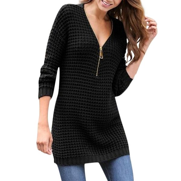 

women's sweaters autumn winter women solid casual sweater long sleeve v-neck with zipper knitting pullovers fashion clothing#6, White;black