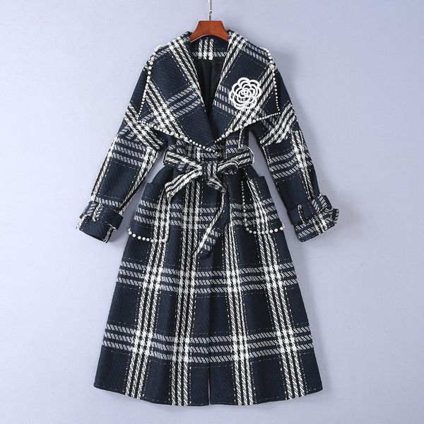

brand new women overcoat 2019 winter runways pearls beading plaid woolen coat fashion elegant belt tweed coat a815, Black