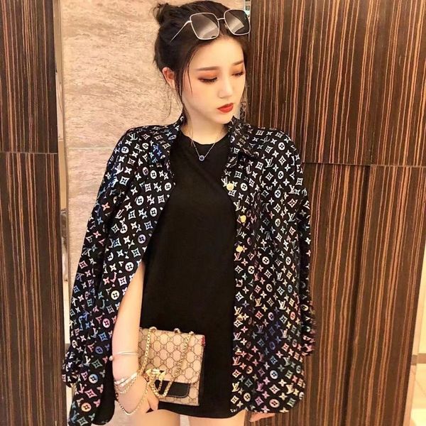 

dark girl 2020 big beauty with laser monogram printing colorful fashion denim coat loose, White