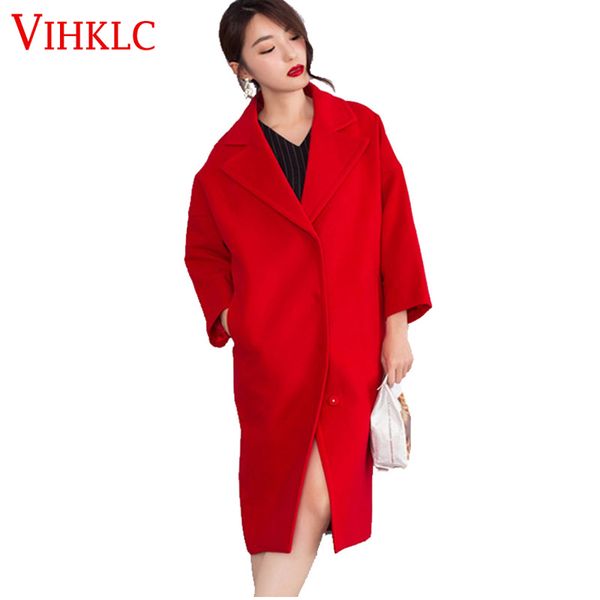 

2016 spring autumn winter women solid cocoon shape overcoat imitated cashmere woolen outerwear thicken loose long coat xs- red, Black