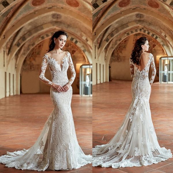 

2019 gergeous scoop long sleeve wedding dresses beach sheer illusion buttons backless plus size bridal wedding gowns vestido de novia