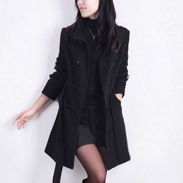 

autumn winter new woolen coat slim waistband large size 4xl fashion double-breasted long stand collar loose wild sweater female, Black