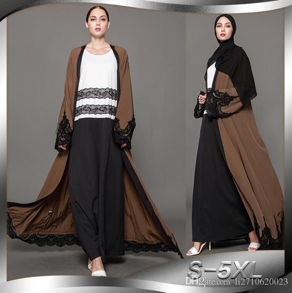 

2018 new fashion women muslim cardigan spliced crochet lace long wide sleeve islamic abaya maxi dress long robe outwear brown, Black;gray