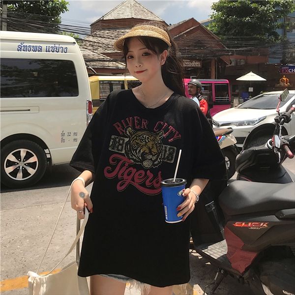 

european women's clothing tiger head short-sleeved t-shirt women's 2020 summer clothes personalized large edition midi loose ins f, White