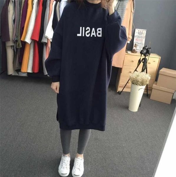 

fashion autumn winter long dress women bf hoodies sweatshirts dress casual female velvet thick ladies harajuku jacket plus size, Black