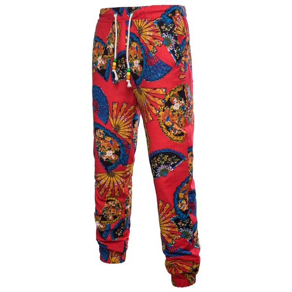 

mens casual printed loose elastic waist long trousers bohemian style sweatpants, Black