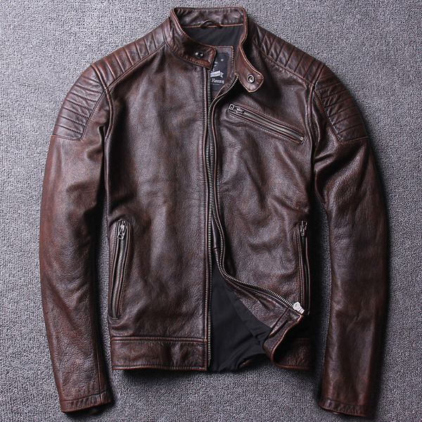 

men's leather & faux genuine halley jacket retro vintage red-brown cowhide coat stand collar slim short motorcycle clothing winter, Black