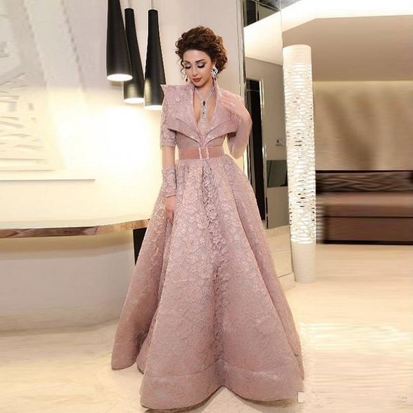 

dubai african full lace evening dresses deep v neck illusion long sleeves prom dress lebanese singer plus size vestidos de fiest party gown, Black;red