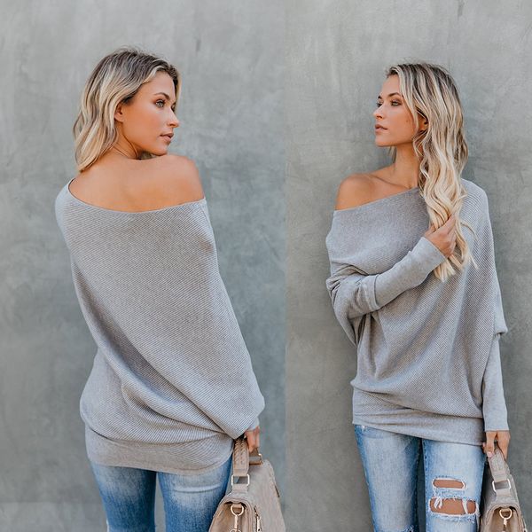

2019 new style autumn winter fashion pullover woman sweater preppy style slash neck long sleeve black white gray khaki sweater, White;black