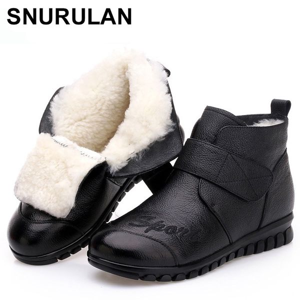 

snurulan 2019 women's winter boots 100% warm winter genuine leather ankle boots women flat shoes botas mujer c957, Black