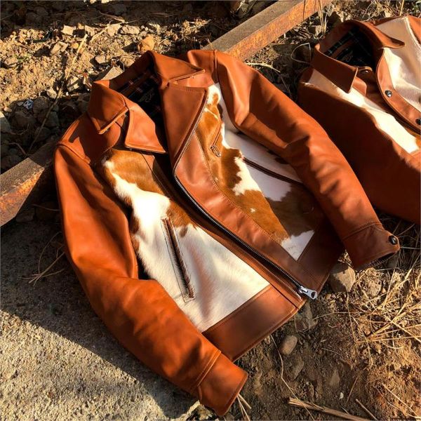 

calf leather and fur in one lapel motorcycle jacket, Black