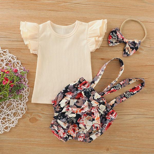 

fashion children baby girl cotton t shirt o-neck 1-3 years toddler infant ruffle floral suspender shorts outfits set h4, White