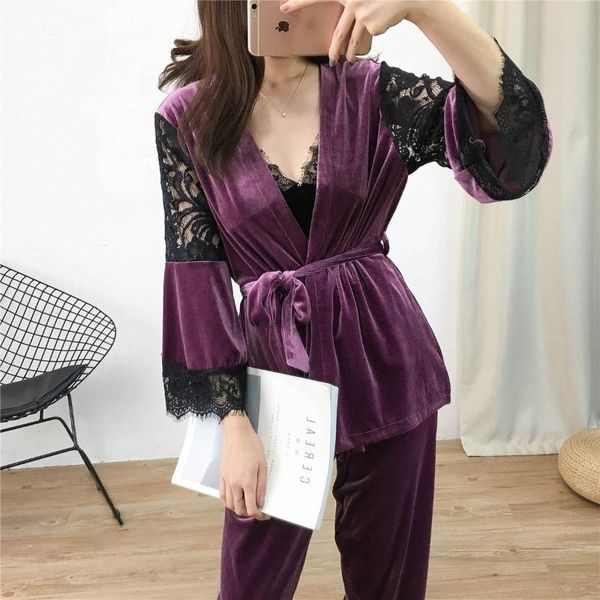 

lisacmvpnel 3 pcs gold velvet keep warm pajamas lace robe+nightdress+long pant set pyjama for women, Black;red