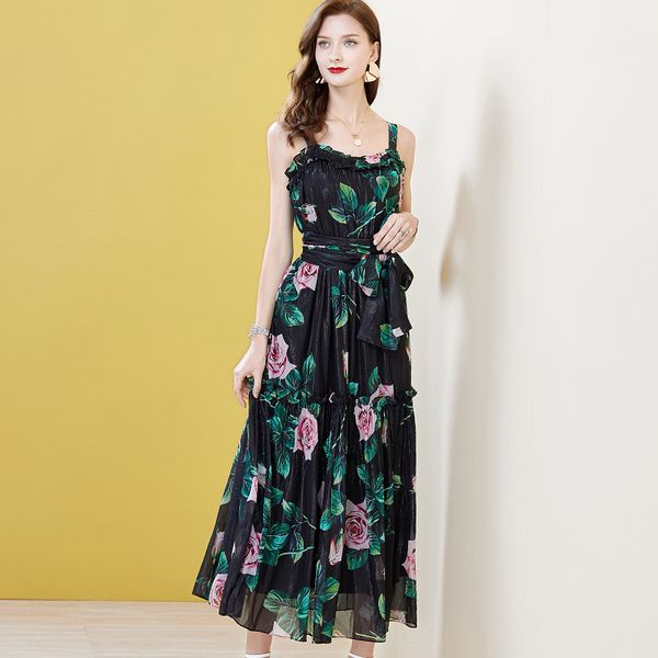 

red roosarosee summer runway dress women's flower printing holiday midi strap dresses black vestidos elegant holiday dresses new, Black;gray