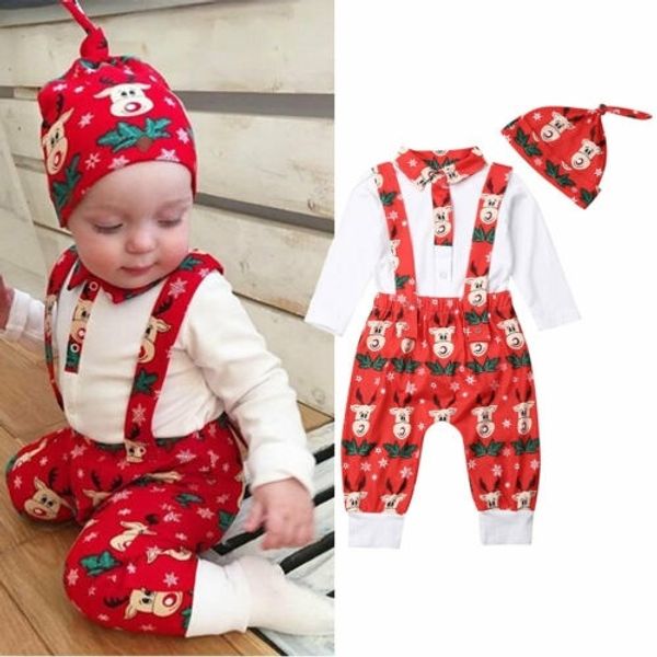 

newborn baby boy girl outfit long sleeve romper bib strap pants hat 3pcs christmas set autumn winter clothing, White