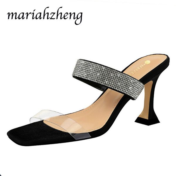 

meriahzheng 8cm thick high heel women's shoes transparent hollow open toe square head rhinestone word with slippers ds, Black