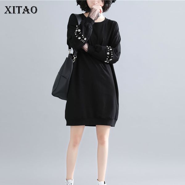 

xitao] женщины 2019 весна новая корея мода o-образным вырезом с длинным рукавом повседневная одежда женский сплошной цвет кружева платье до, Black;gray
