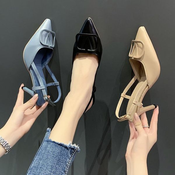 

sandals women 's 2020 summer new pointed buckle high heels women 's pu waterproof stilettos sandals, Black