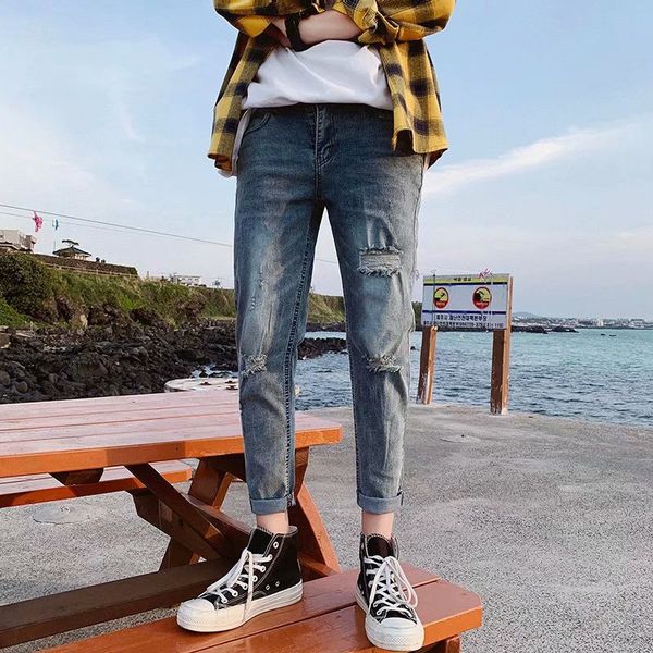 

wholesale 2019 new male korean slim ankle length pants cowboy teenagers washed men's feet shredded denim ripped hole jeans homme, Blue