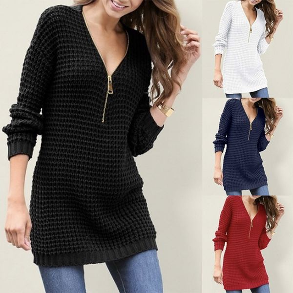 

sweater woman winter 2019 autumn solid long sleeve zipper v neck women knitted pullovers casual knitting sweaters vestidos, White;black