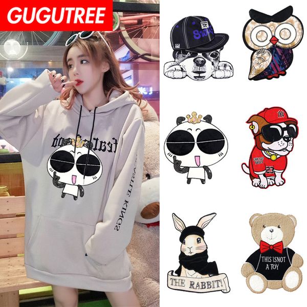 

gugutree embroidery big owl rabbit bear dogs cats patch animal cartoon patches badges applique patches for clothing dxl-35, Black