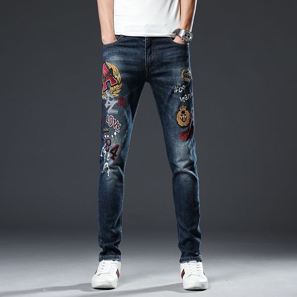 

19ss luxury mans designer jeans denim zipped trousers metal pin embroidered patches damage faded skinny pencil pants straight jeans, Blue